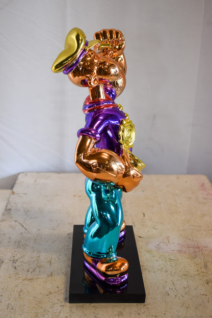 Chrome Popeye Cartoon in Purple Shirt on Black Base Resin Statue 9" x 8" x 16"H