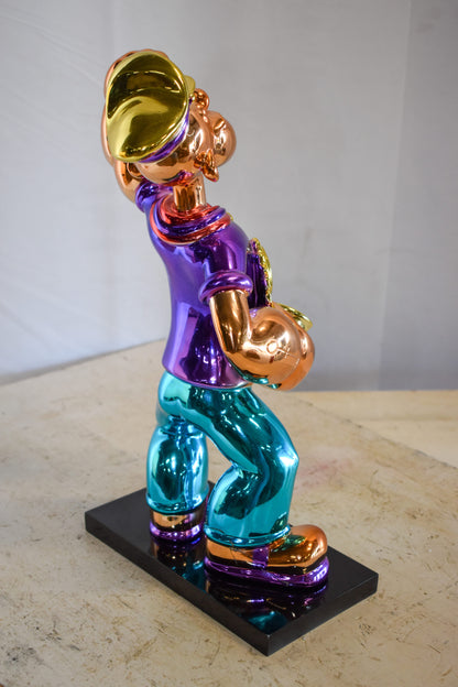 Chrome Popeye Cartoon in Purple Shirt on Black Base Resin Statue 9" x 8" x 16"H