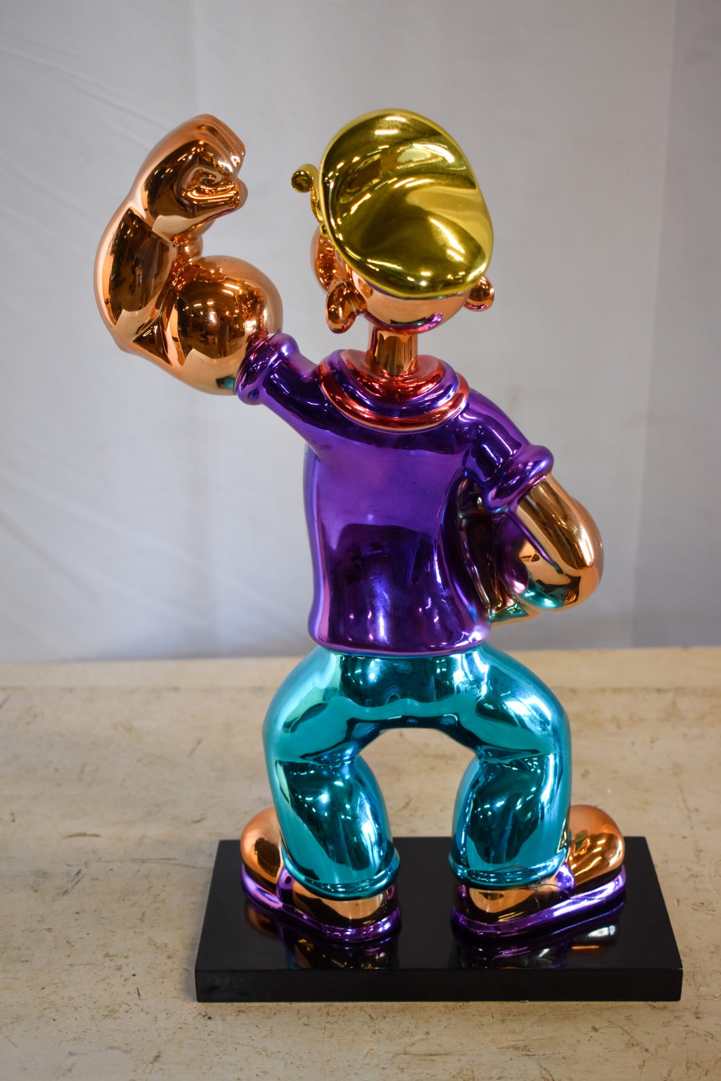 Chrome Popeye Cartoon in Purple Shirt on Black Base Resin Statue 9" x 8" x 16"H