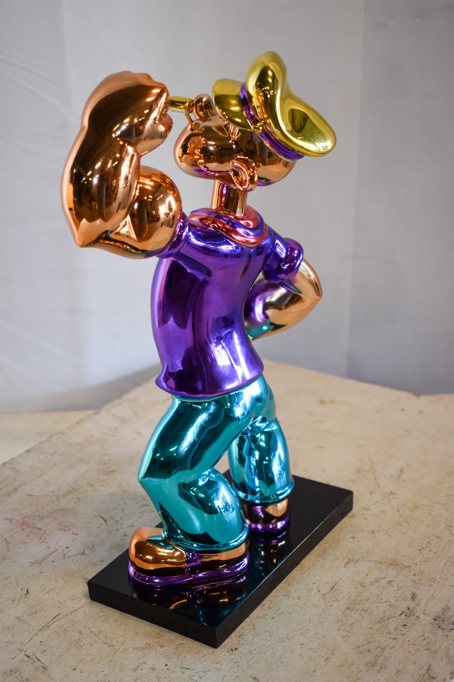 Chrome Popeye Cartoon in Purple Shirt on Black Base Resin Statue 9" x 8" x 16"H