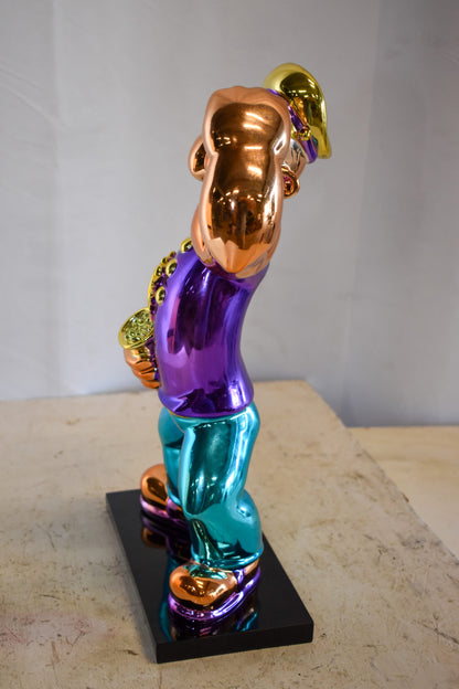 Chrome Popeye Cartoon in Purple Shirt on Black Base Resin Statue 9" x 8" x 16"H