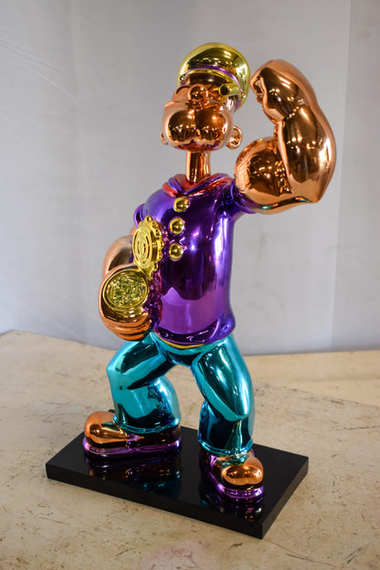 Chrome Popeye Cartoon in Purple Shirt on Black Base Resin Statue 9" x 8" x 16"H
