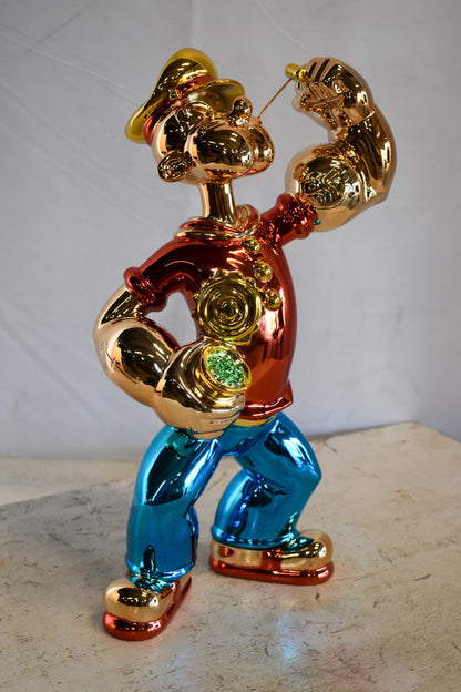 Colorful Chrome Popeye Cartoon in Red Shirt Resin Statue 12" x 8" x 18"H