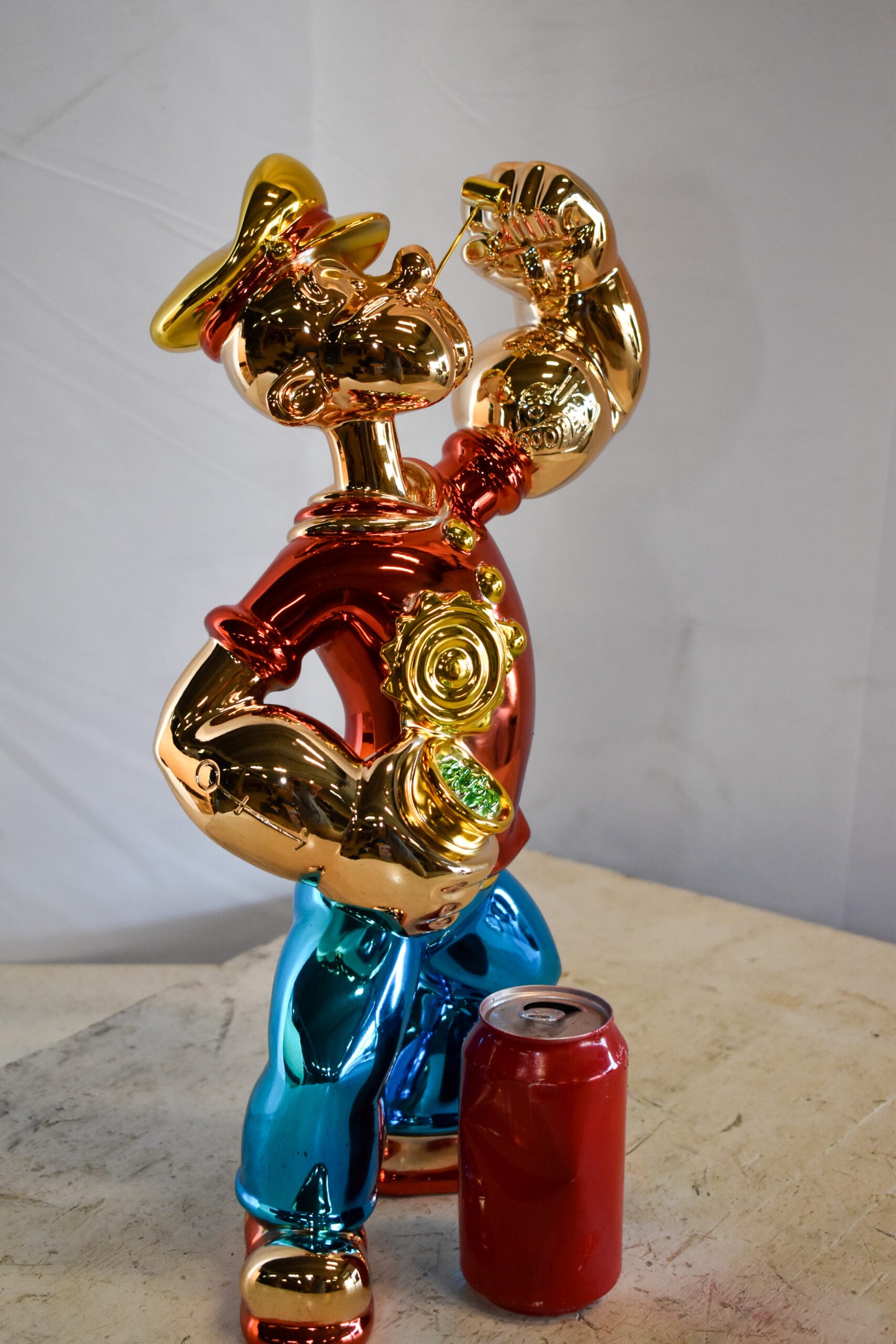 Colorful Chrome Popeye Cartoon in Red Shirt Resin Statue 12" x 8" x 18"H