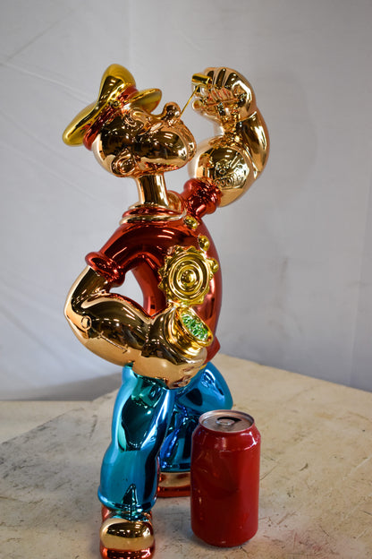 Colorful Chrome Popeye Cartoon in Red Shirt Resin Statue 12" x 8" x 18"H
