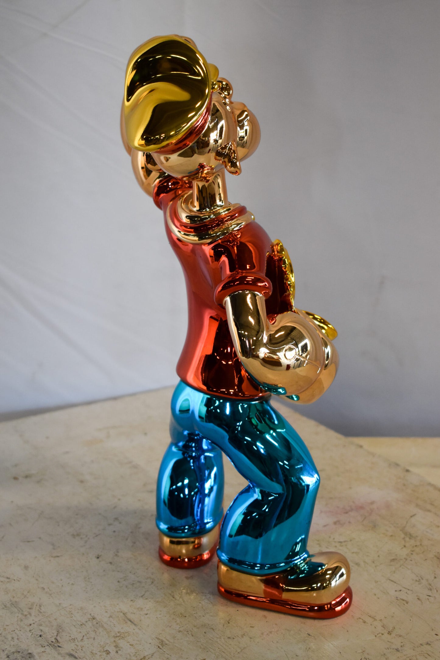 Colorful Chrome Popeye Cartoon in Red Shirt Resin Statue 12" x 8" x 18"H