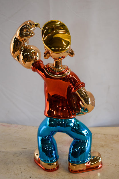 Colorful Chrome Popeye Cartoon in Red Shirt Resin Statue 12" x 8" x 18"H