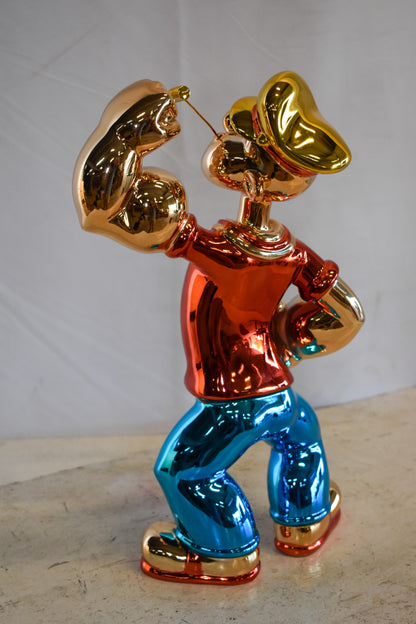 Colorful Chrome Popeye Cartoon in Red Shirt Resin Statue 12" x 8" x 18"H