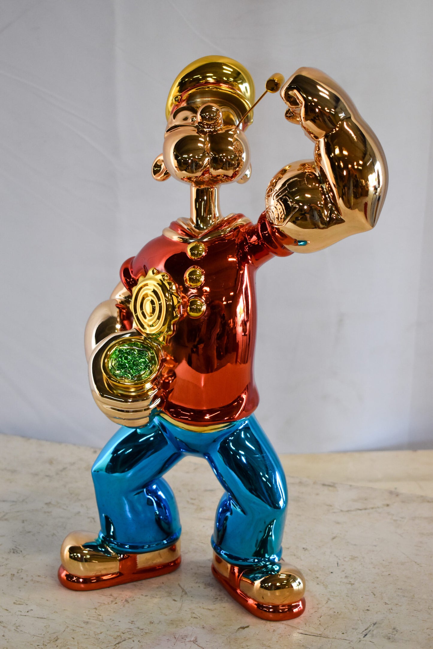 Colorful Chrome Popeye Cartoon in Red Shirt Resin Statue 12" x 8" x 18"H