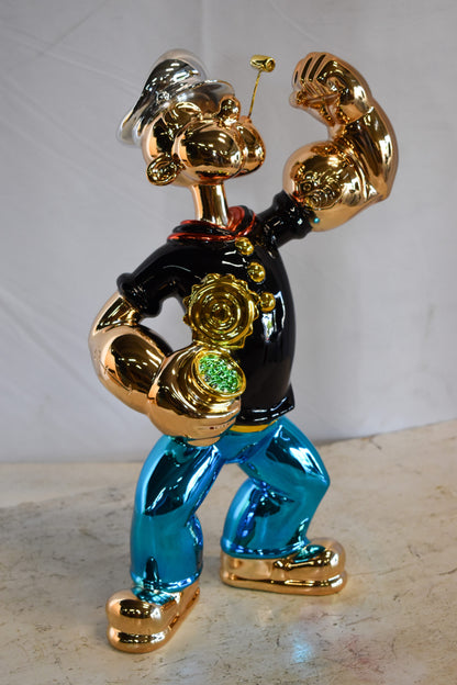 Colorful Chrome Popeye Cartoon in Black Shirt Resin Statue 12" x 8" x 18"H
