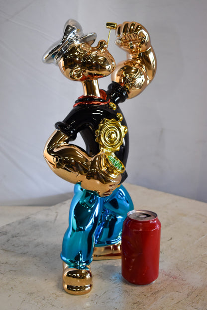 Colorful Chrome Popeye Cartoon in Black Shirt Resin Statue 12" x 8" x 18"H
