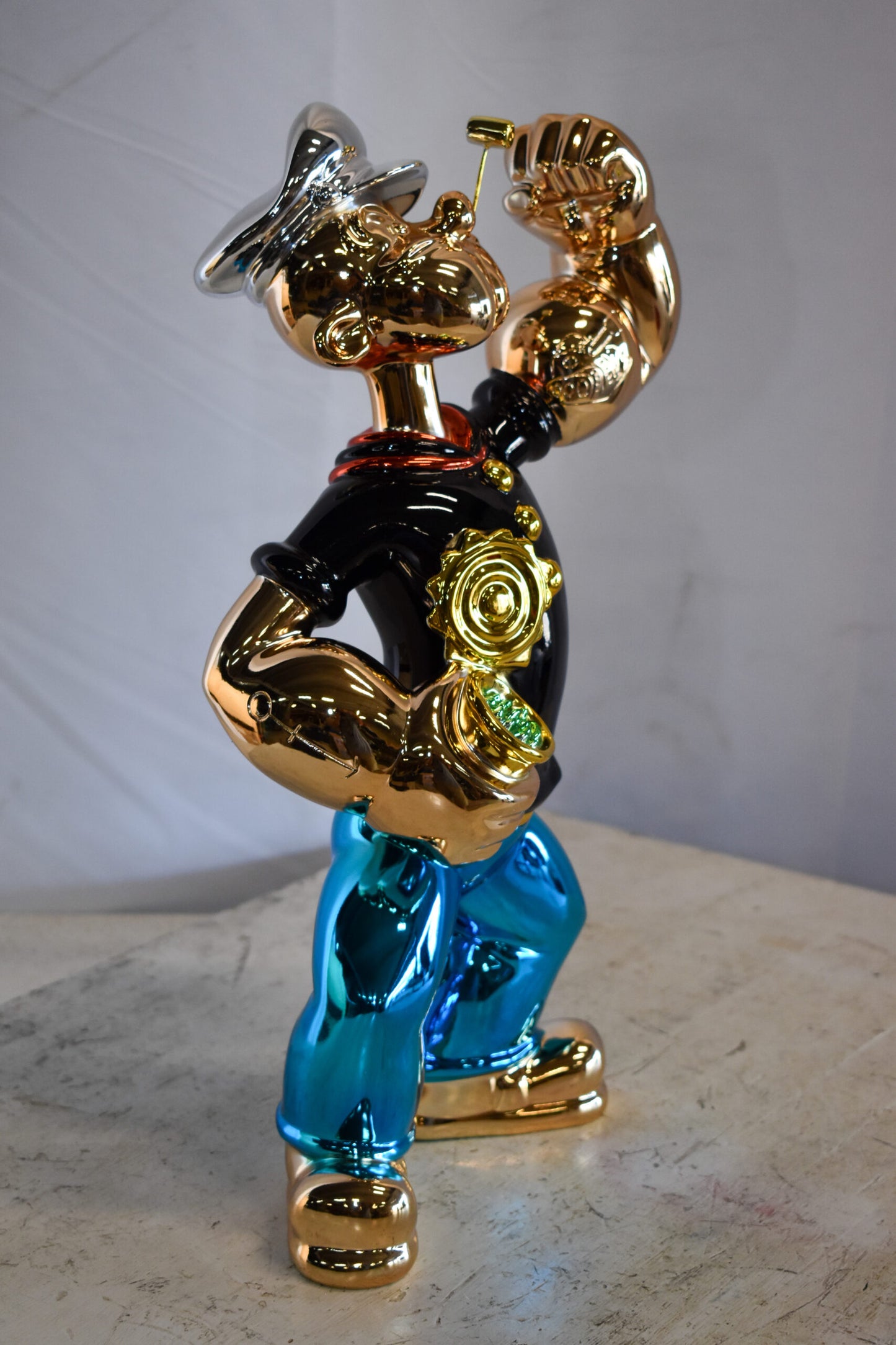 Colorful Chrome Popeye Cartoon in Black Shirt Resin Statue 12" x 8" x 18"H