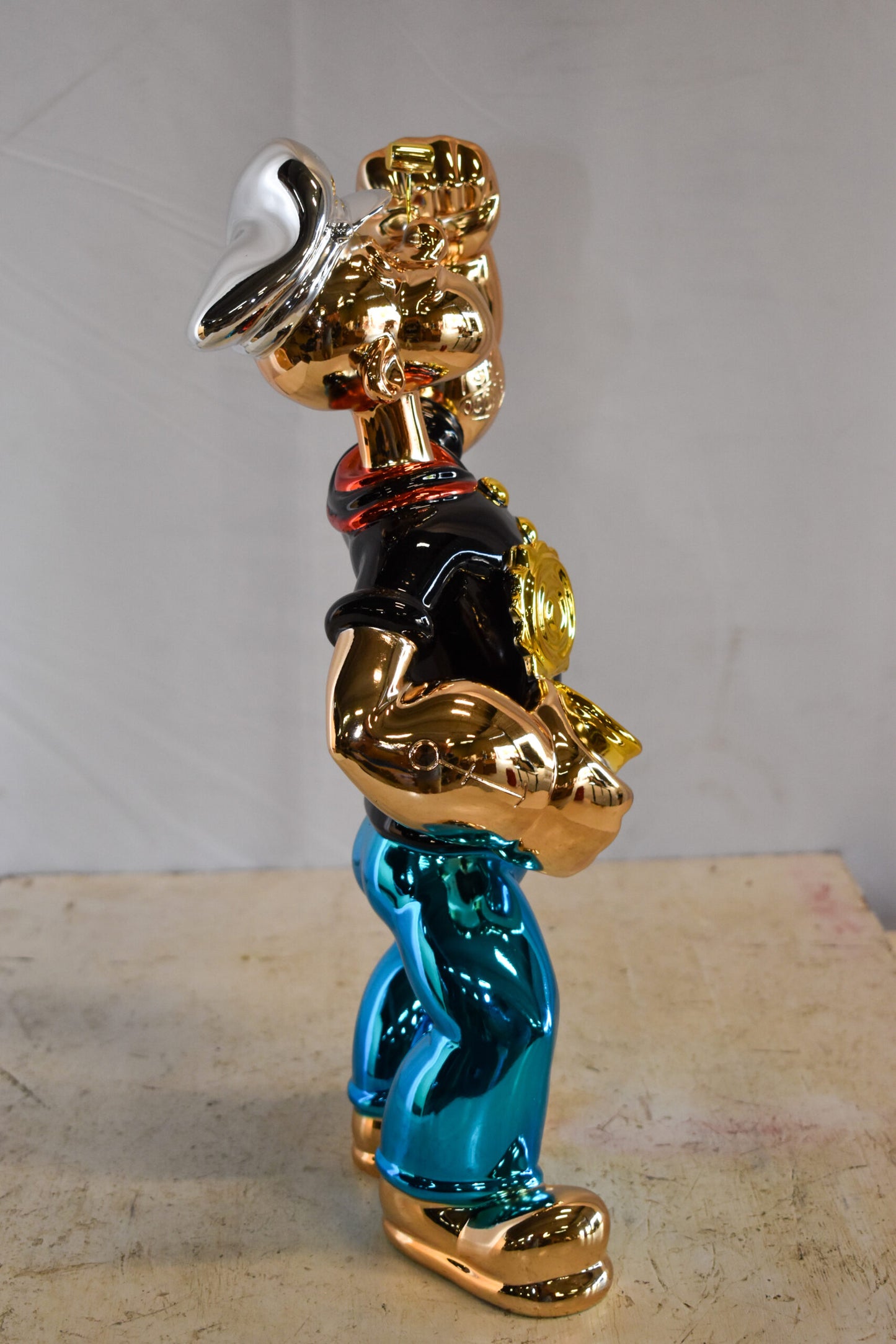 Colorful Chrome Popeye Cartoon in Black Shirt Resin Statue 12" x 8" x 18"H