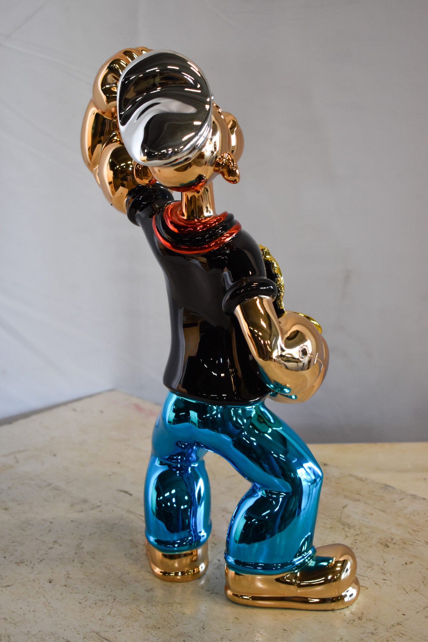 Colorful Chrome Popeye Cartoon in Black Shirt Resin Statue 12" x 8" x 18"H