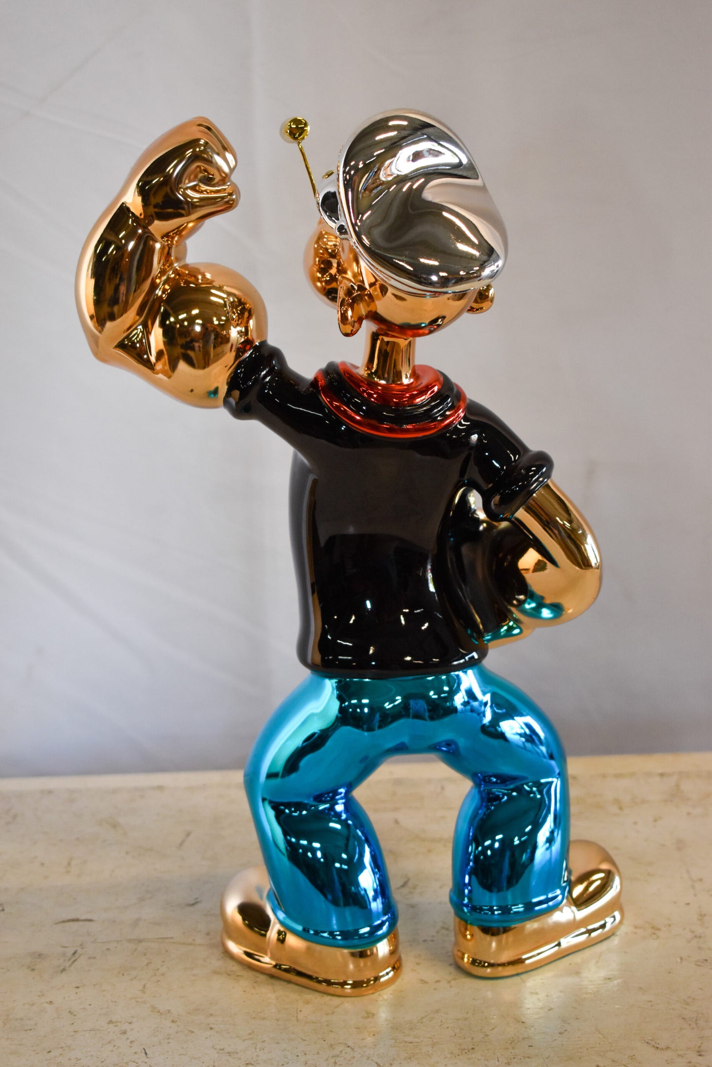 Colorful Chrome Popeye Cartoon in Black Shirt Resin Statue 12" x 8" x 18"H