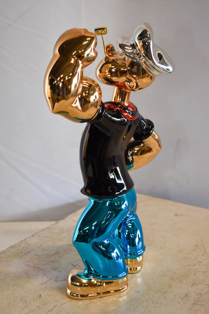 Colorful Chrome Popeye Cartoon in Black Shirt Resin Statue 12" x 8" x 18"H