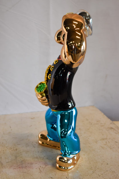 Colorful Chrome Popeye Cartoon in Black Shirt Resin Statue 12" x 8" x 18"H