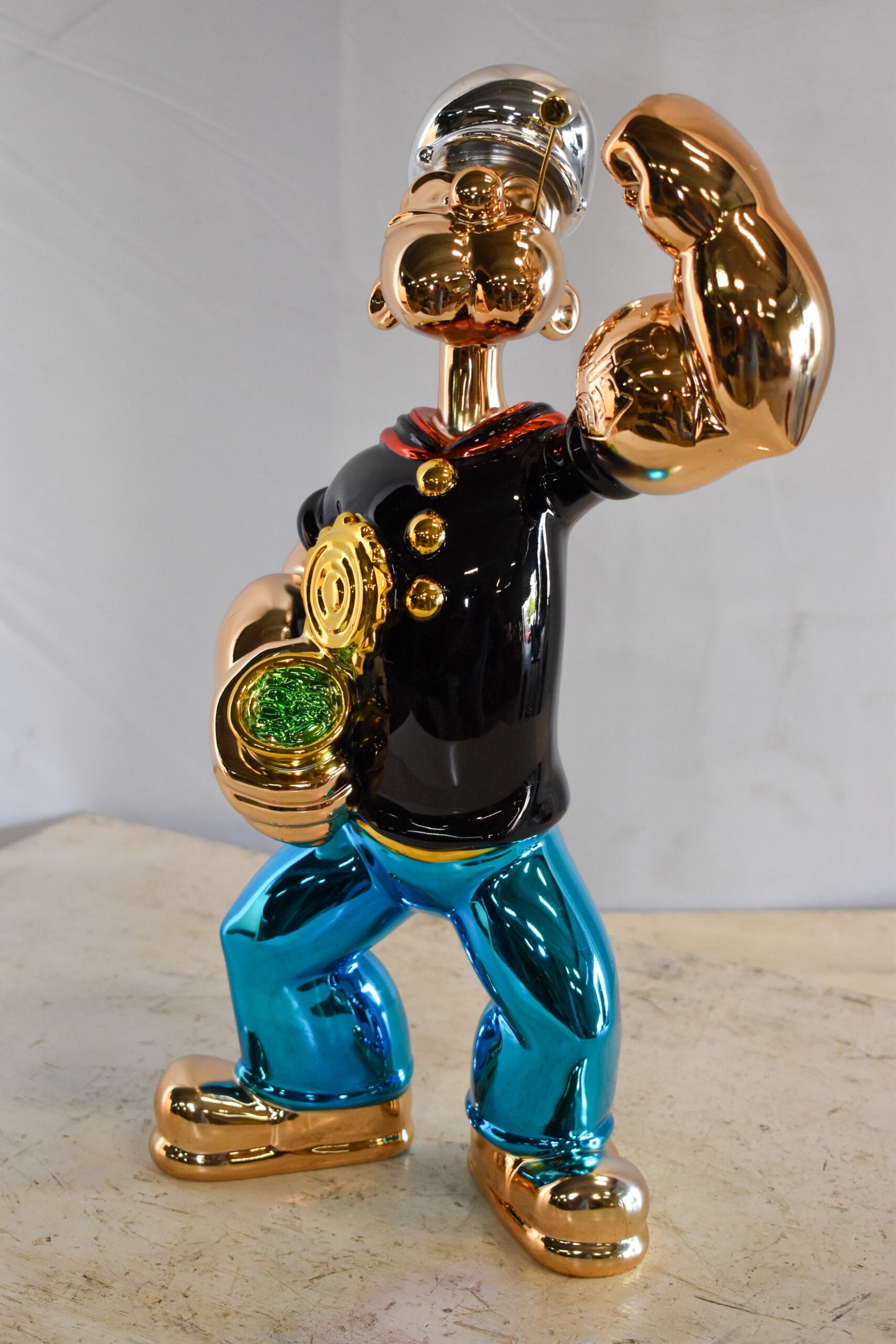Colorful Chrome Popeye Cartoon in Black Shirt Resin Statue 12" x 8" x 18"H