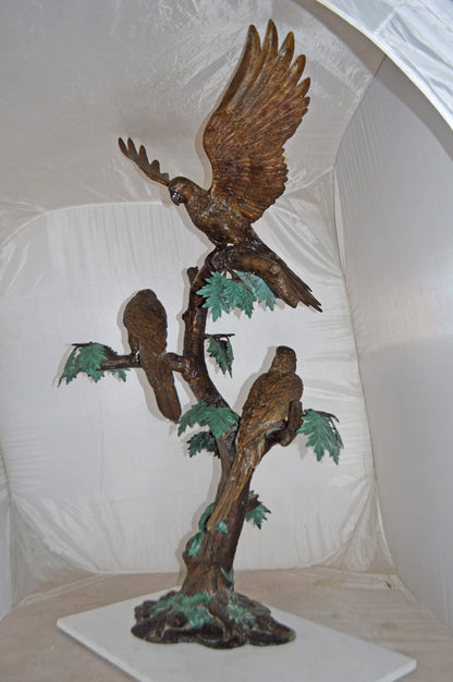 Three Parrots on a Tree Large size Bronze Statue - Size: 25"L x 31"W x 57"H.