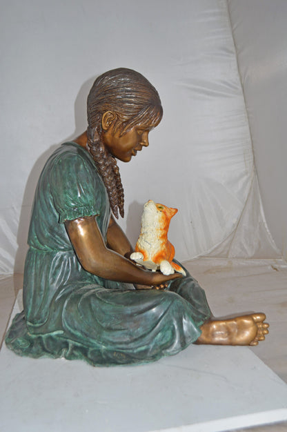 Girl Holding Her Cat Bronze Statue, Green, Orange Finish - Size: 23"x20"x24"H