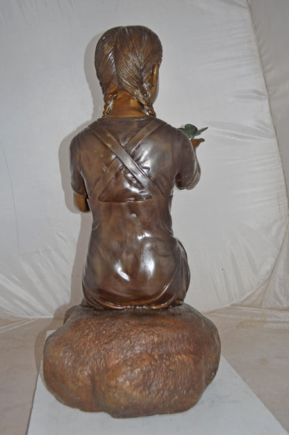 Girl Sitting on A Rock Holding Butterflies Bronze Statue - Size: 26"x17"x34"H