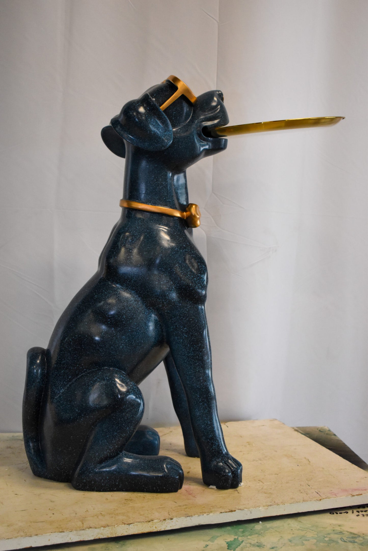Happy Host Dog Resin Statue with A Tray, Blue Finish 25" x 12" x 31"H