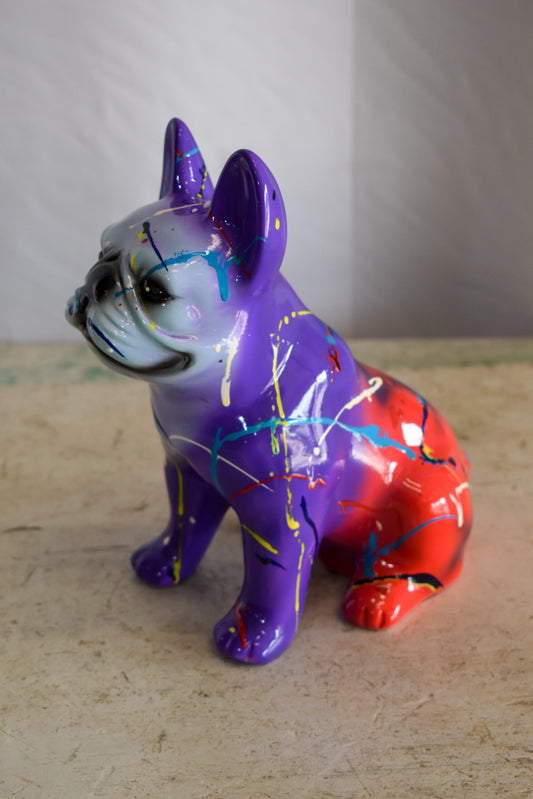 Multicolored French Bulldog Purple and Red Shades, Resin Statue 8" x 5" x 10"H