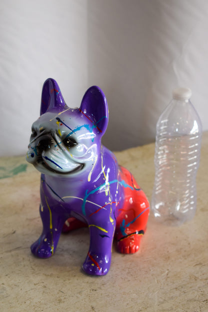 Multicolored French Bulldog Purple and Red Shades, Resin Statue 8" x 5" x 10"H