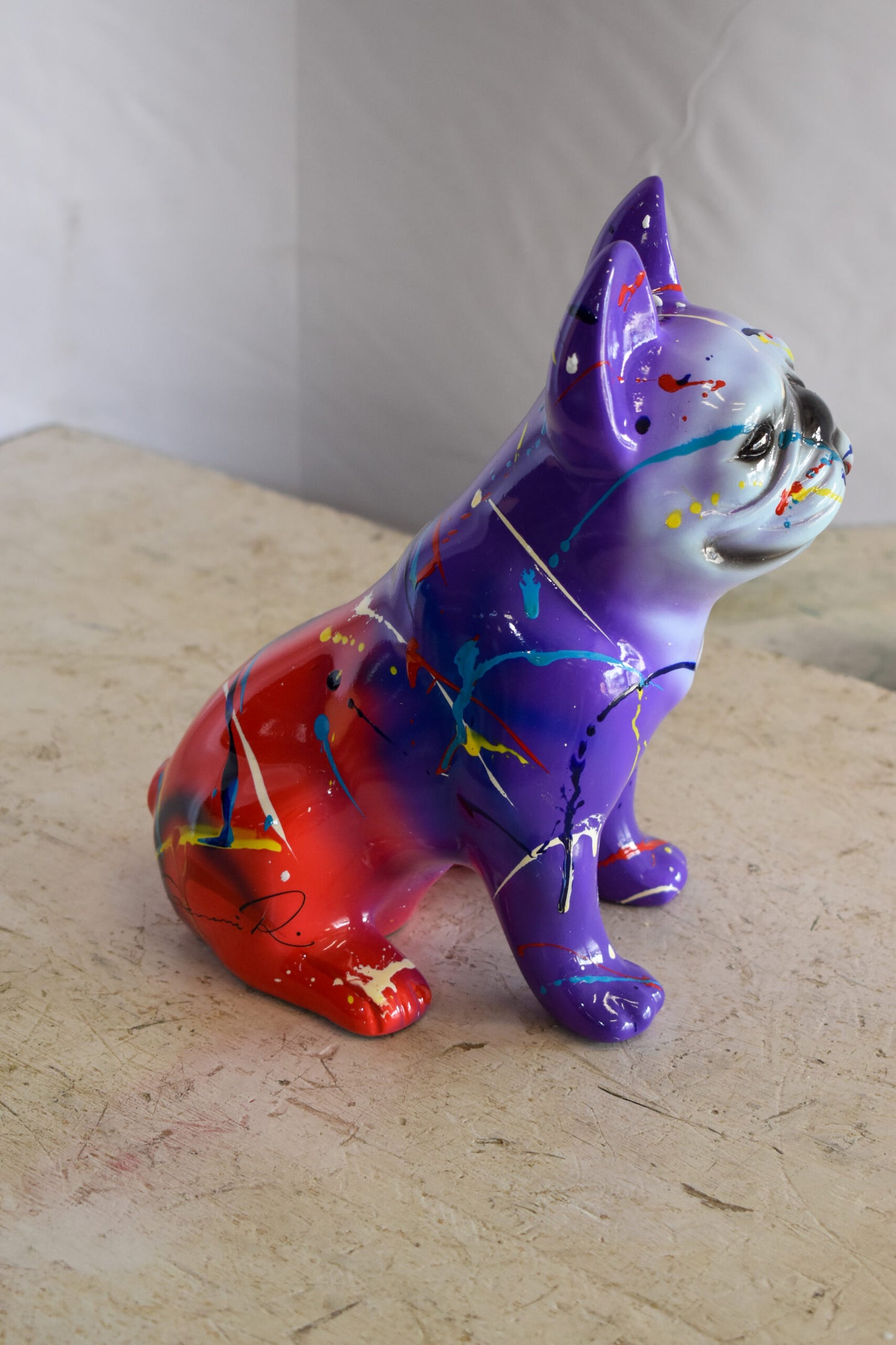 Multicolored French Bulldog Purple and Red Shades, Resin Statue 8" x 5" x 10"H