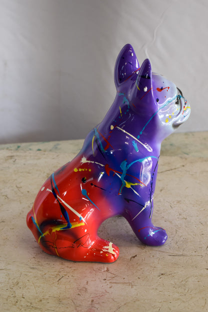 Multicolored French Bulldog Purple and Red Shades, Resin Statue 8" x 5" x 10"H
