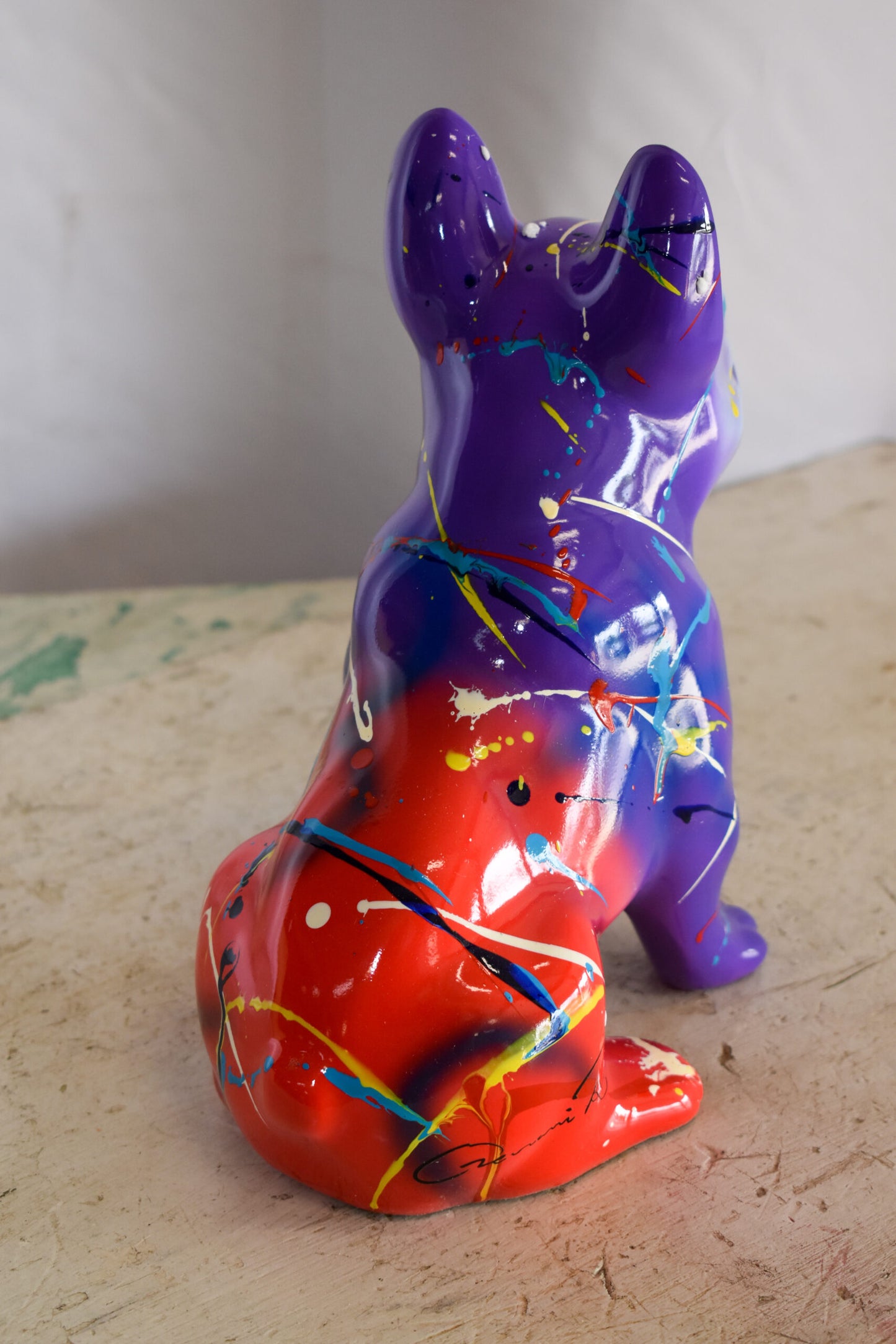 Multicolored French Bulldog Purple and Red Shades, Resin Statue 8" x 5" x 10"H
