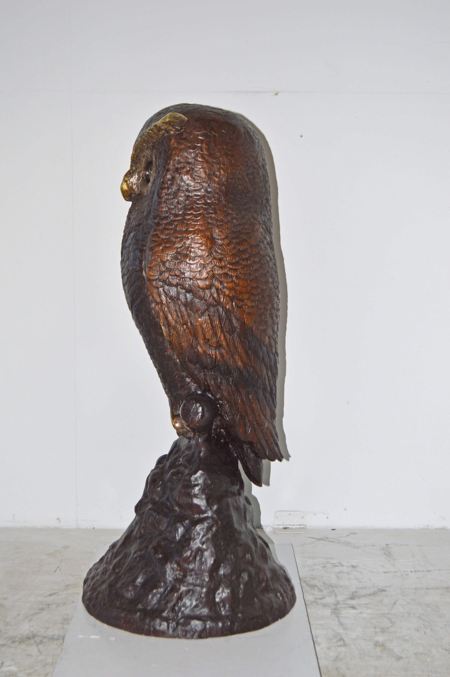 Giant Owl Standing on A Tree Log Bronze Statue. - Size: 20"L x 21"W x 43"H.