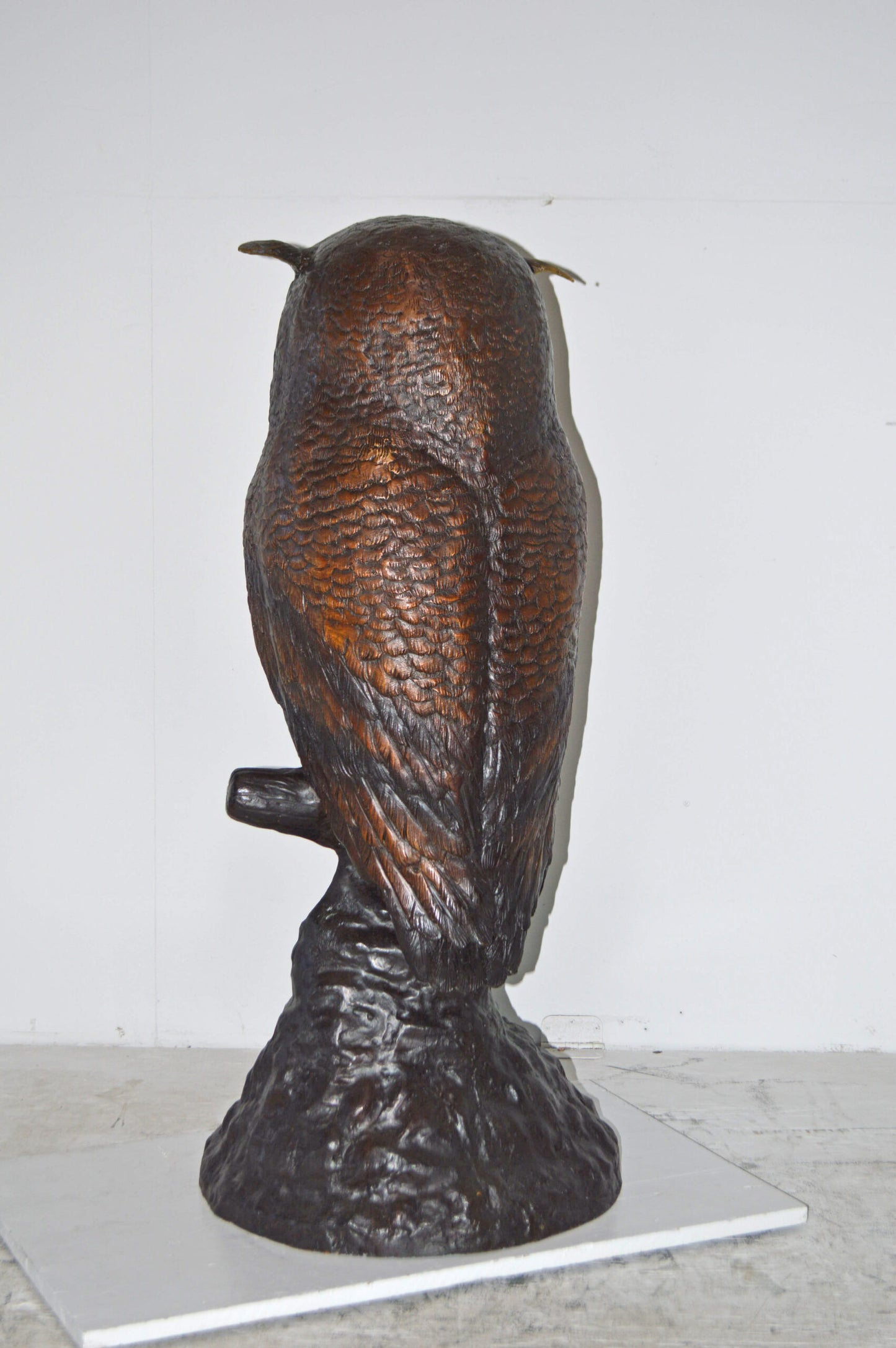Giant Owl Standing on A Tree Log Bronze Statue. - Size: 20"L x 21"W x 43"H.