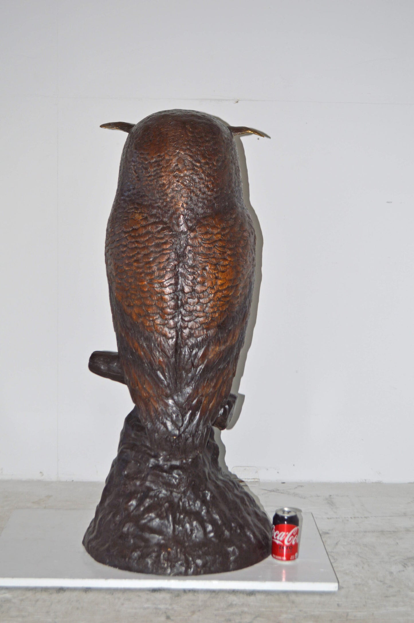 Giant Owl Standing on A Tree Log Bronze Statue. - Size: 20"L x 21"W x 43"H.