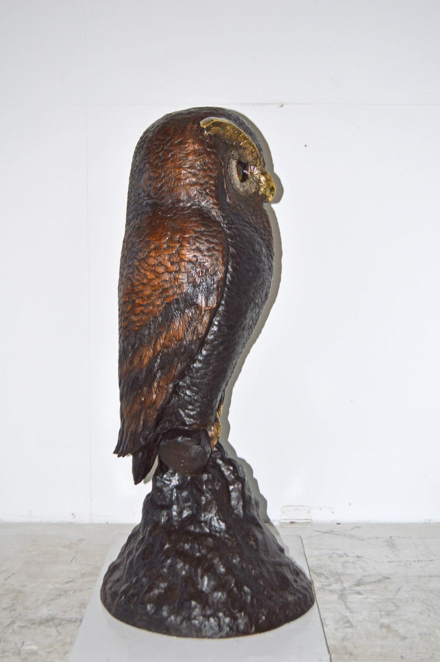 Giant Owl Standing on A Tree Log Bronze Statue. - Size: 20"L x 21"W x 43"H.