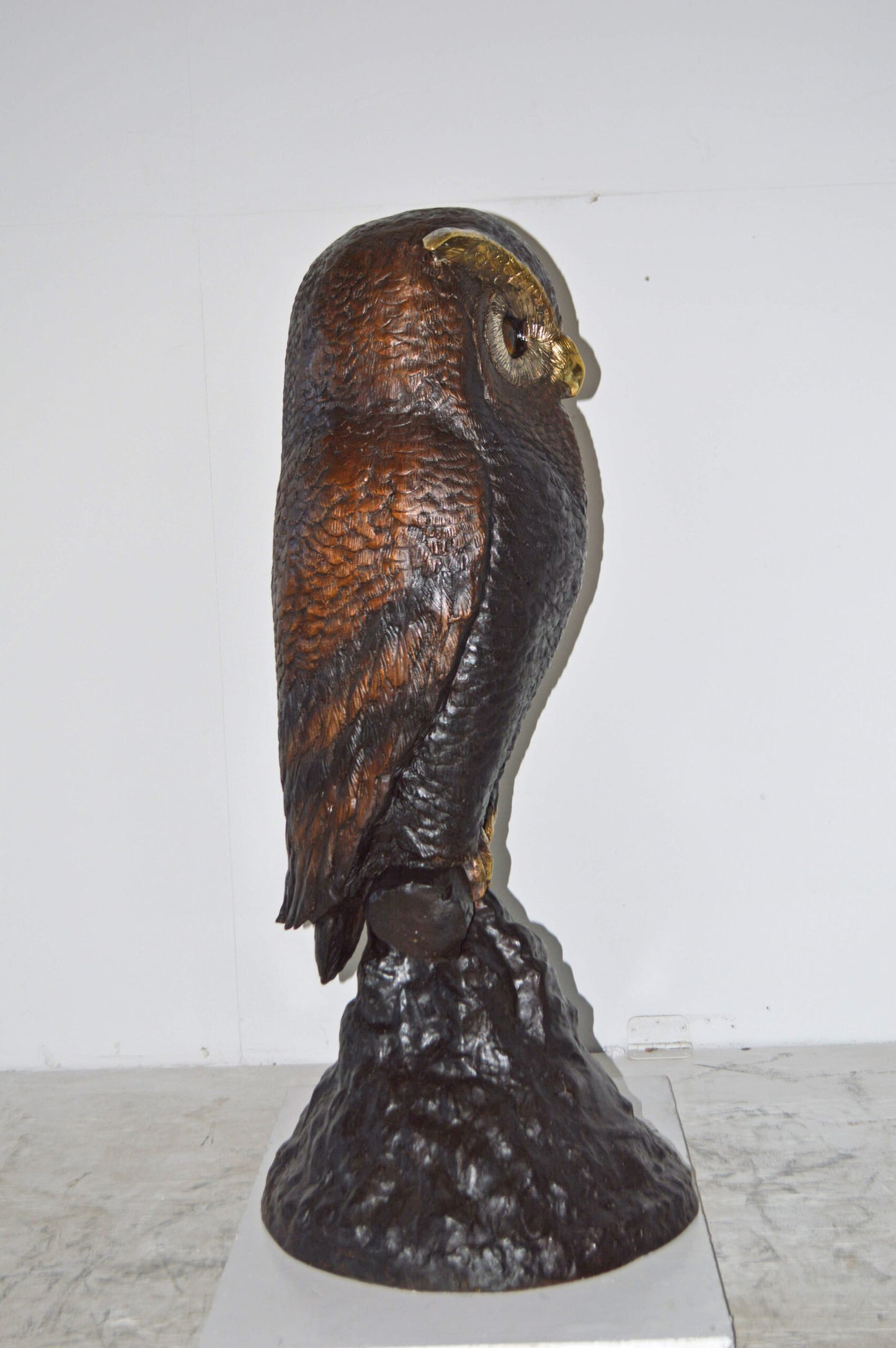 Giant Owl Standing on A Tree Log Bronze Statue. - Size: 20"L x 21"W x 43"H.
