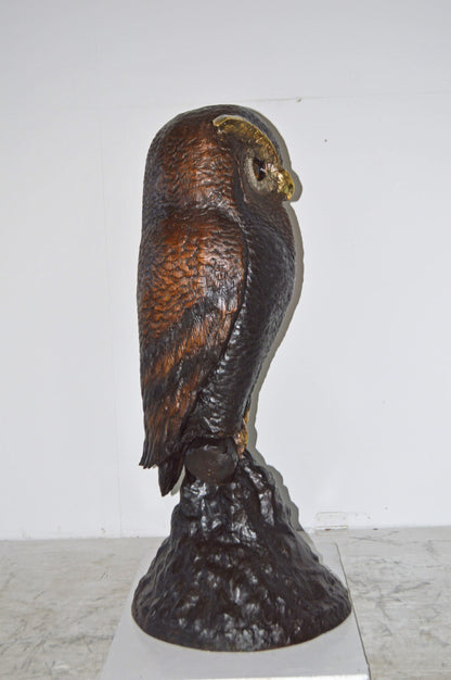 Giant Owl Standing on A Tree Log Bronze Statue. - Size: 20"L x 21"W x 43"H.