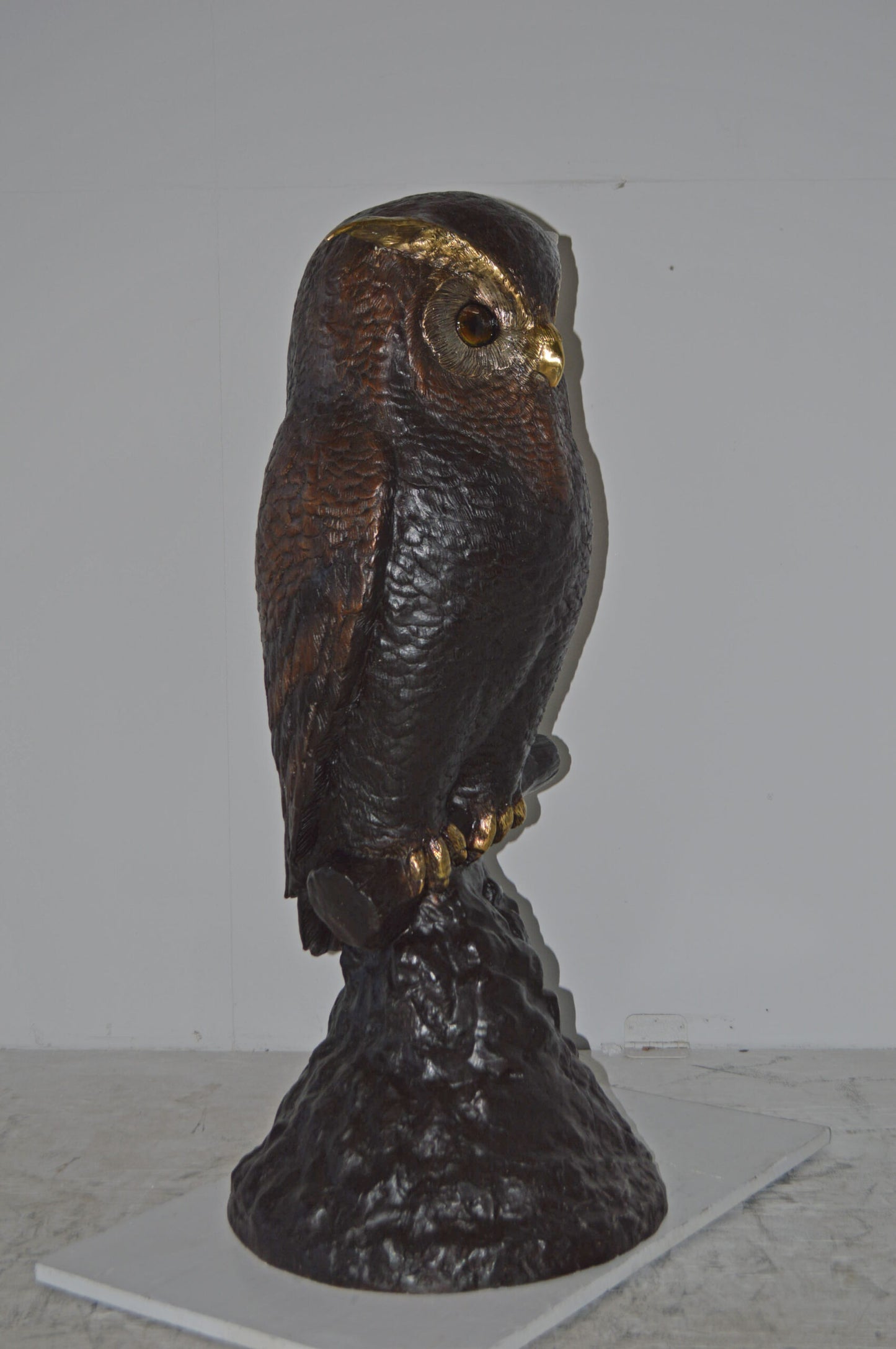 Giant Owl Standing on A Tree Log Bronze Statue. - Size: 20"L x 21"W x 43"H.