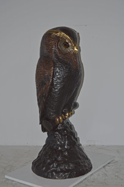 Giant Owl Standing on A Tree Log Bronze Statue. - Size: 20"L x 21"W x 43"H.