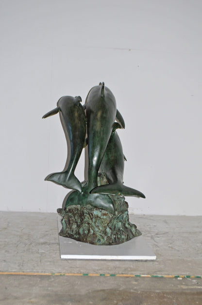 Three Dolphins Bronze Statue Fountain Green Patina Finish, Size 40" x 24" x 36"H