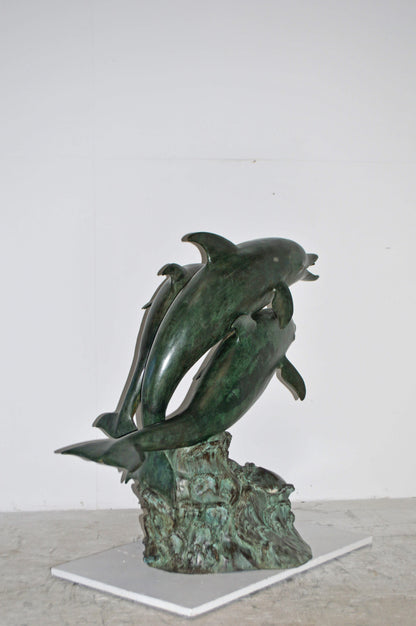 Three Dolphins Bronze Statue Fountain Green Patina Finish, Size 40" x 24" x 36"H