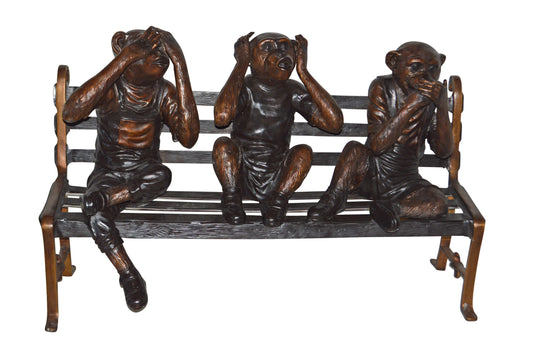 Three wise monkeys on bench large bronze statue bronze - Size: 52" x 32" x 36"H