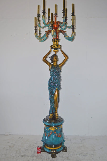 A Pair of Ladies holding a Lamp Bronze Statue - Size: 30"L x 30"W x 100"H.