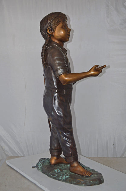 A Girl Holding A Garden Hose Bronze Statue Fountain - Size: 13"L x 20"W x 39"H.