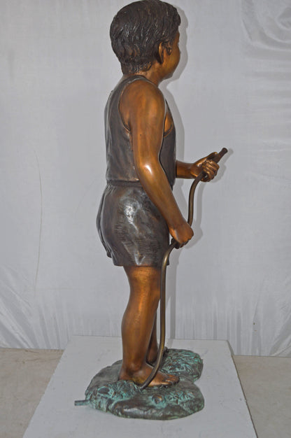 A Boy Holding A Garden Hose Bronze Statue Fountain - Size: 13"L x 20"W x 39"H.