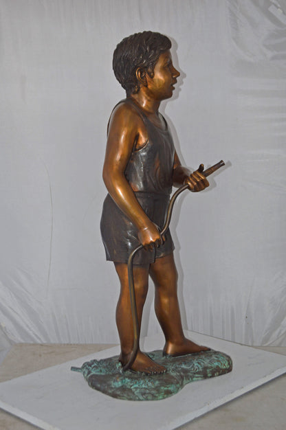 A Boy Holding A Garden Hose Bronze Statue Fountain - Size: 13"L x 20"W x 39"H.