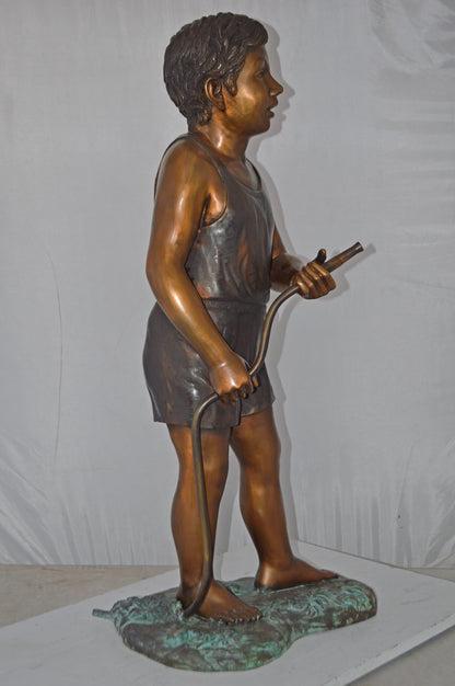 A Boy Holding A Garden Hose Bronze Statue Fountain - Size: 13"L x 20"W x 39"H.