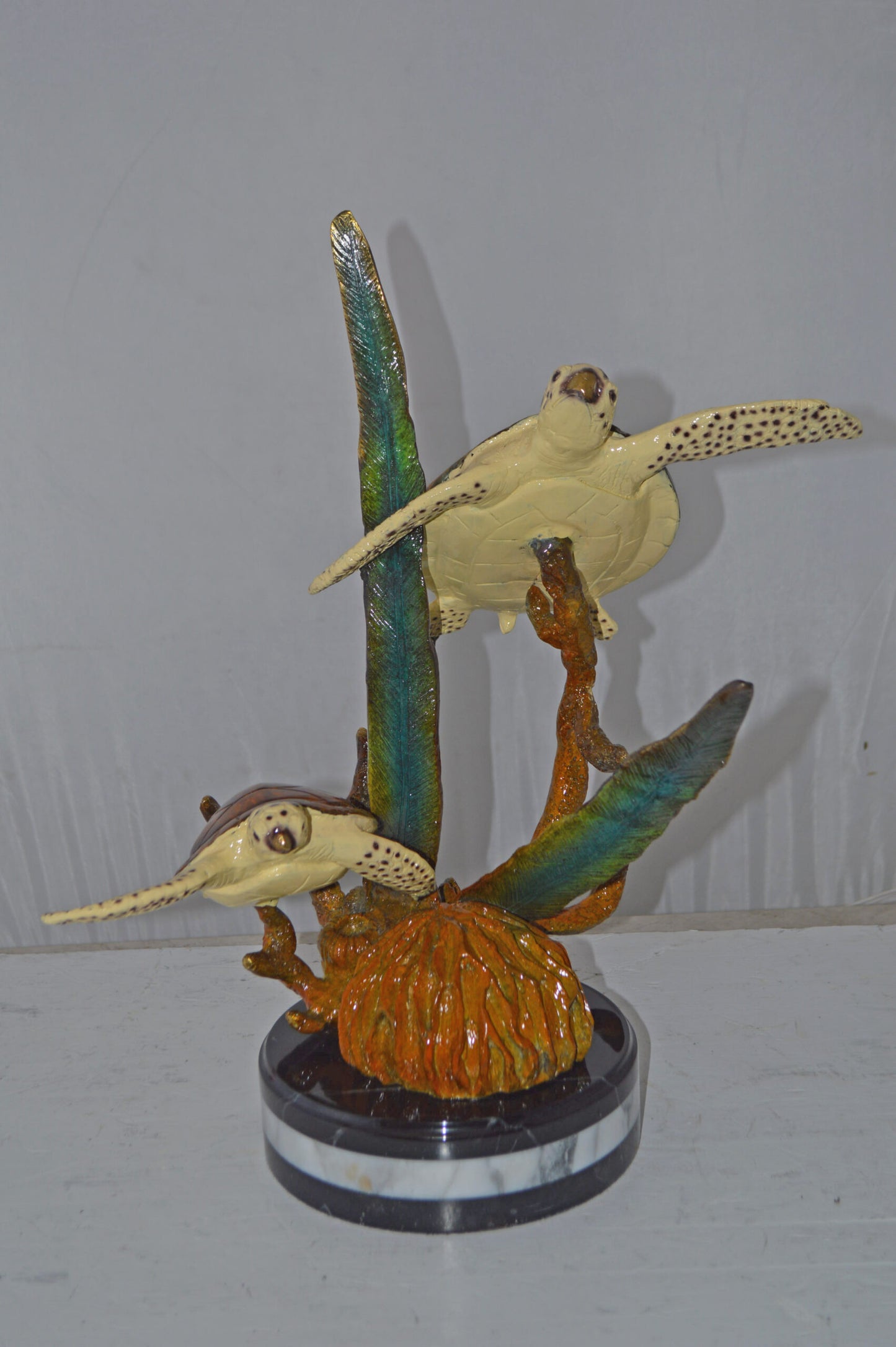 Two Brown Sea Turtles Swimming Bronze Statue - Size: 12"L x 16"W x 19"H.