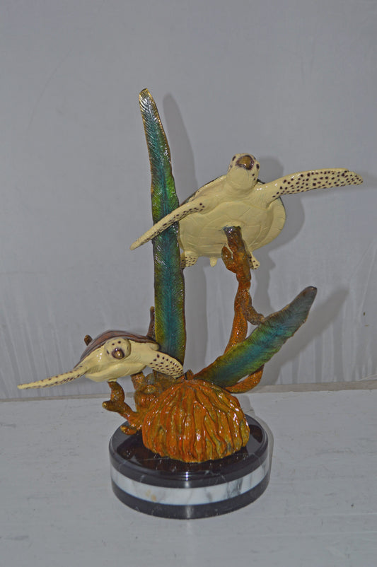 Two Brown Sea Turtles Swimming Bronze Statue - Size: 12"L x 16"W x 19"H.