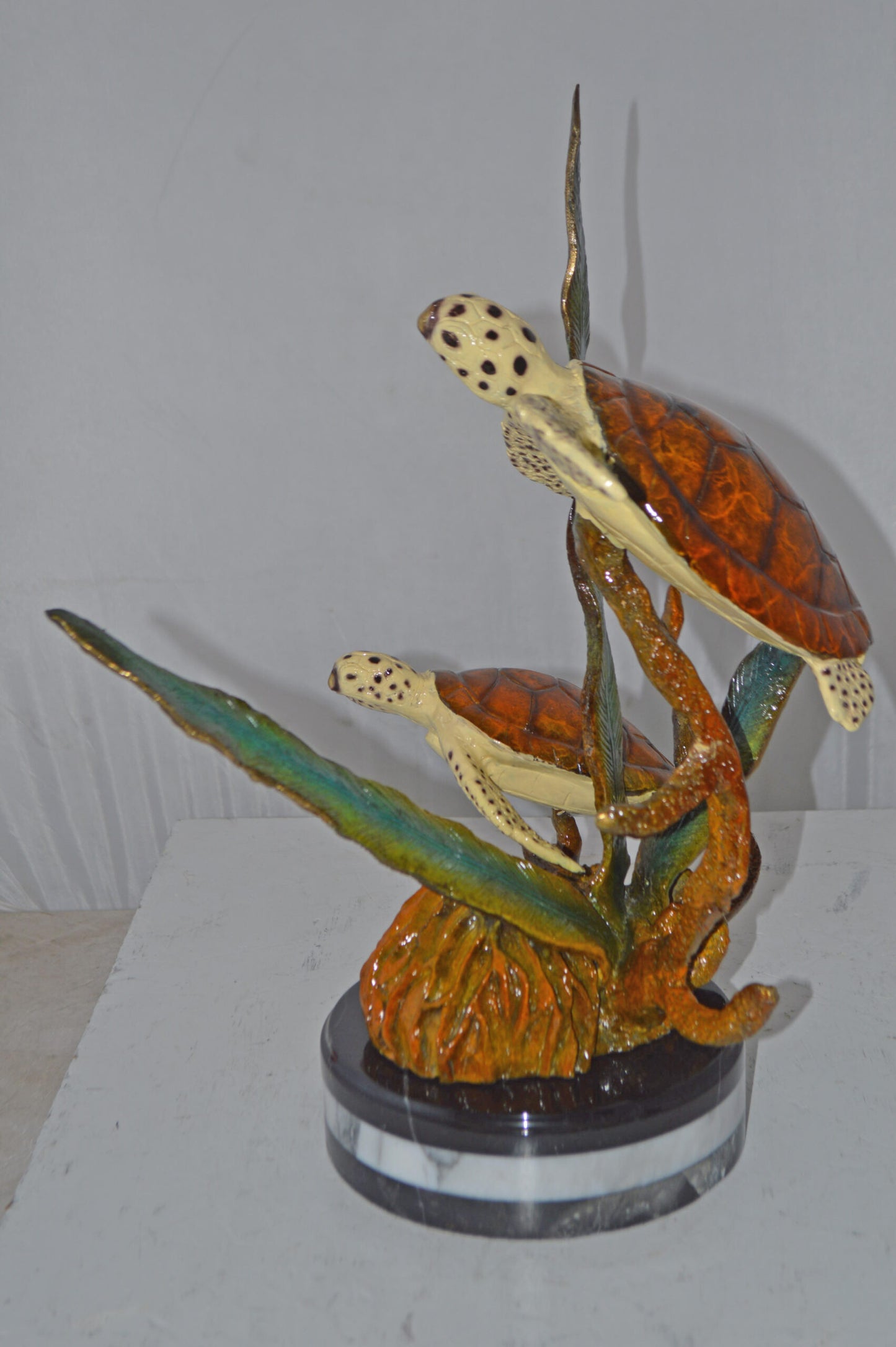 Two Brown Sea Turtles Swimming Bronze Statue - Size: 12"L x 16"W x 19"H.